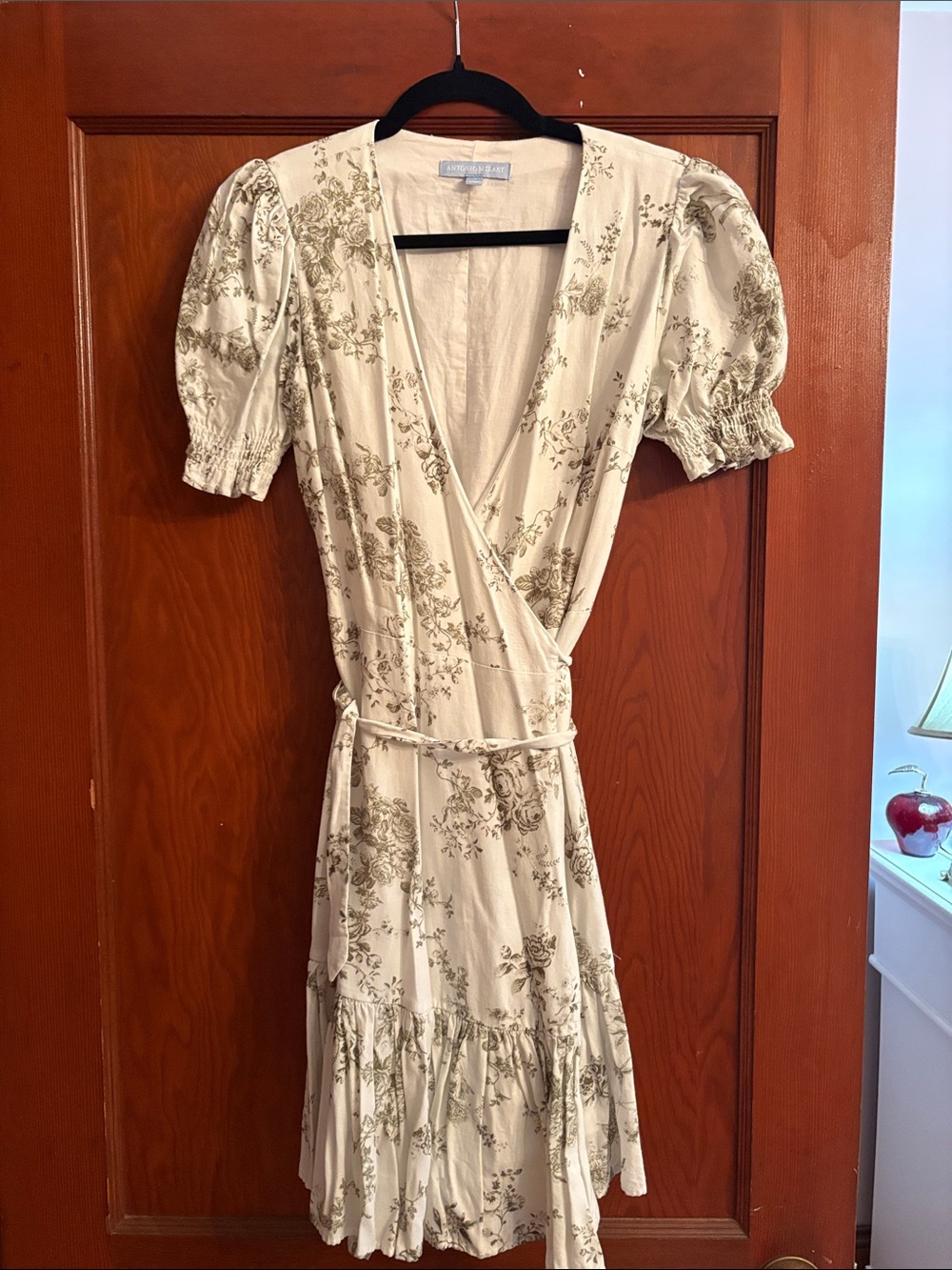 Antonio Melani Green Toile Floral Wrap Dress in Cream with Puff Sleeves
